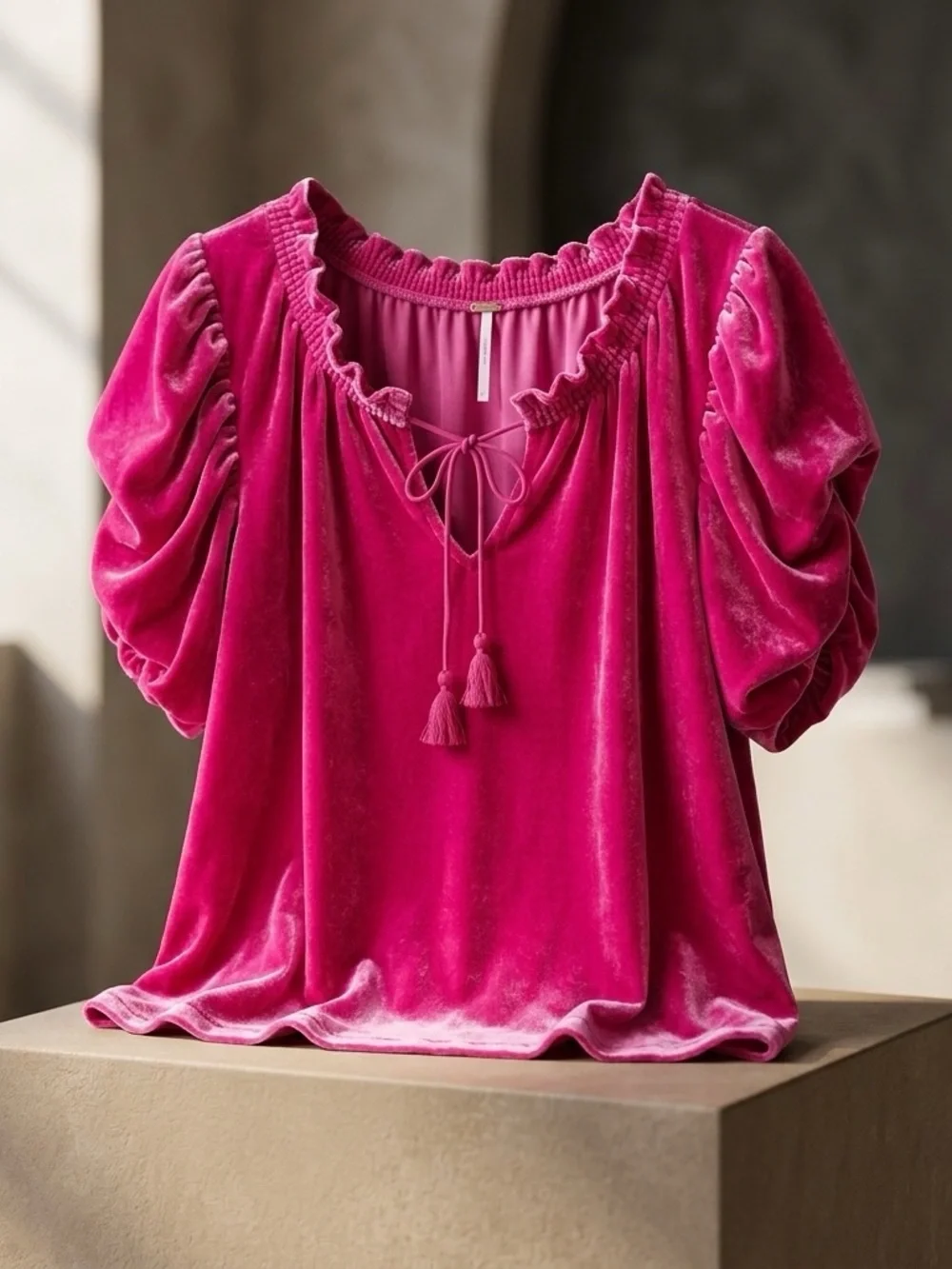 Free People Velvet Peasant Blouse - Fuchsia